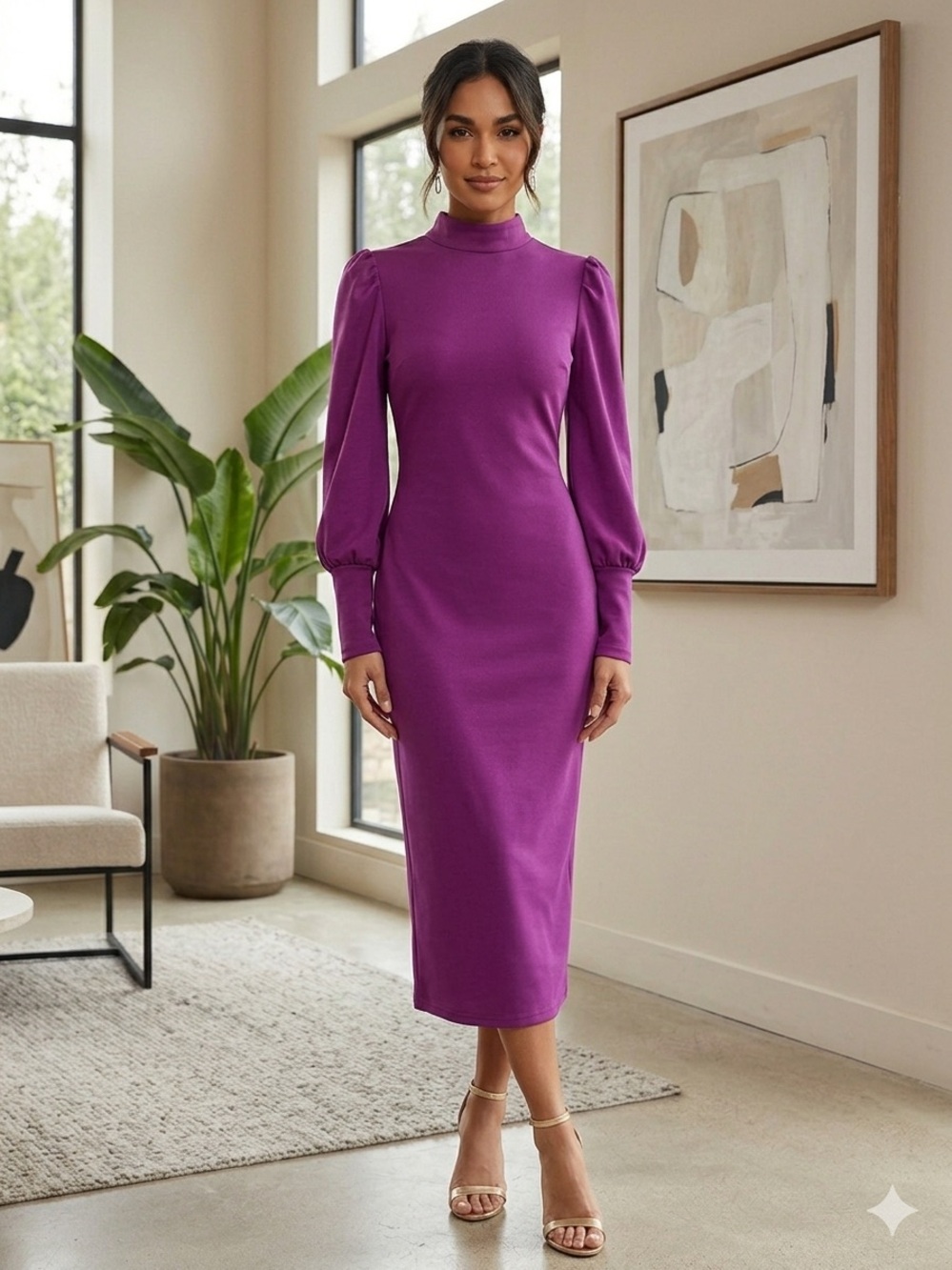 Long Sleeve Cutout Midi Dress in Purple